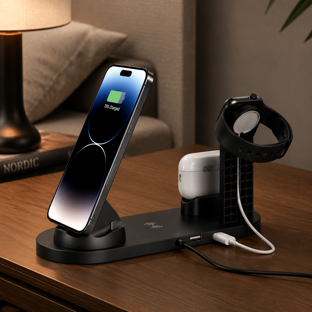 Premium 7-in-1 Wireless Charging Station Qi Charger Dock Multi Device Charging USB Type C Fast Charging Stand Smart Charging iPhone Compatible