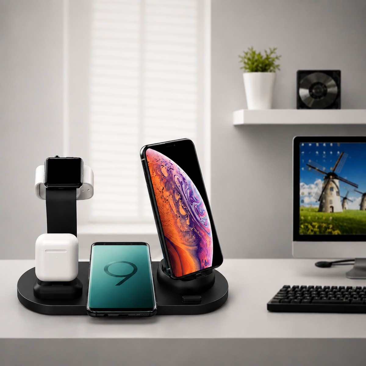 Premium 7-in-1 Wireless Charging Station Qi Charger Dock Multi Device Charging USB Type C Fast Charging Stand Smart Charging iPhone Compatible