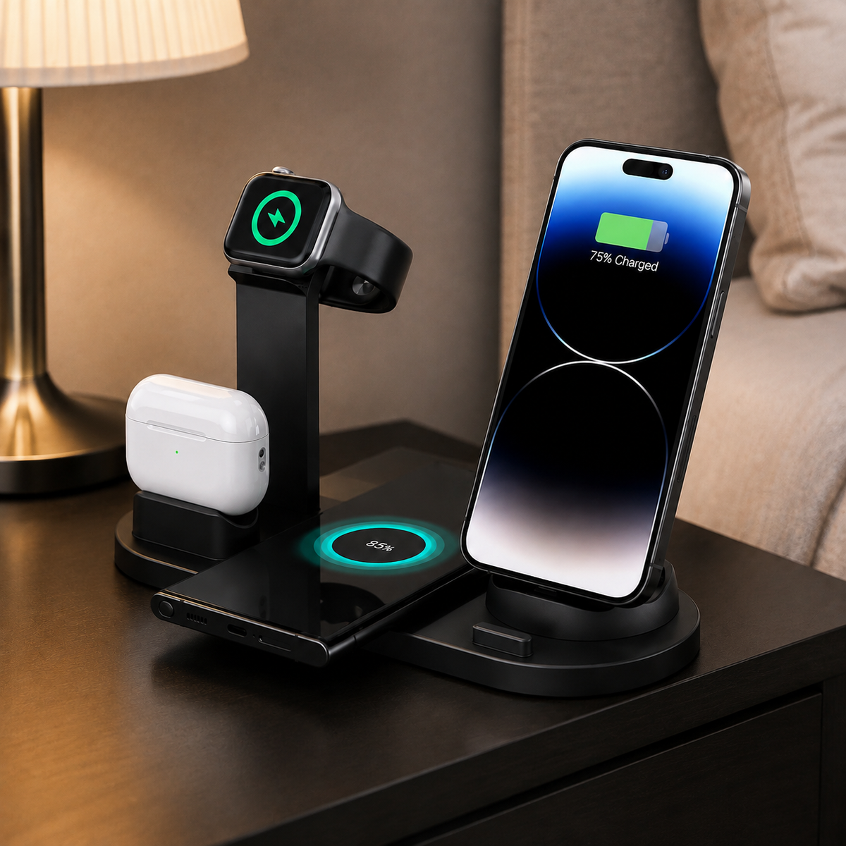 Premium 7-in-1 Wireless Charging Station Qi Charger Dock Multi Device Charging USB Type C Fast Charging Stand Smart Charging iPhone Compatible