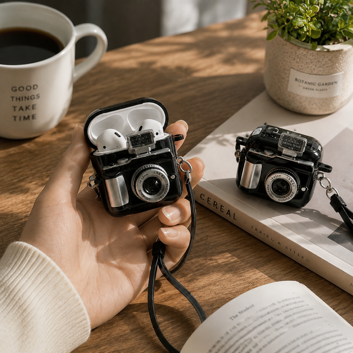 Premium Camera AirPods Case Soft Silicone Protective Cover Cute Wireless Charging Carry Strap Shockproof Earbuds Case Compatible with AirPods