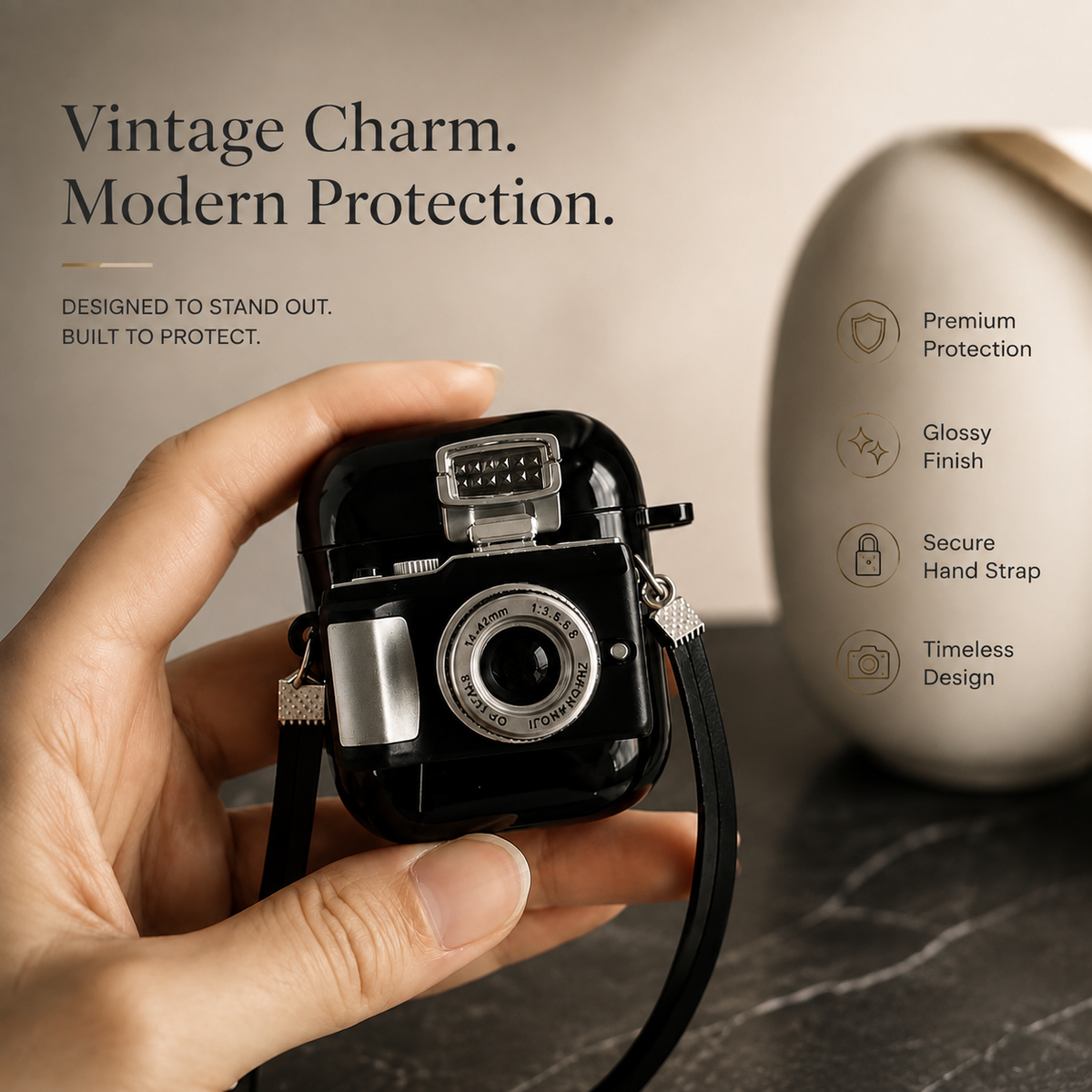 Premium Camera AirPods Case Soft Silicone Protective Cover Cute Wireless Charging Carry Strap Shockproof Earbuds Case Compatible with AirPods