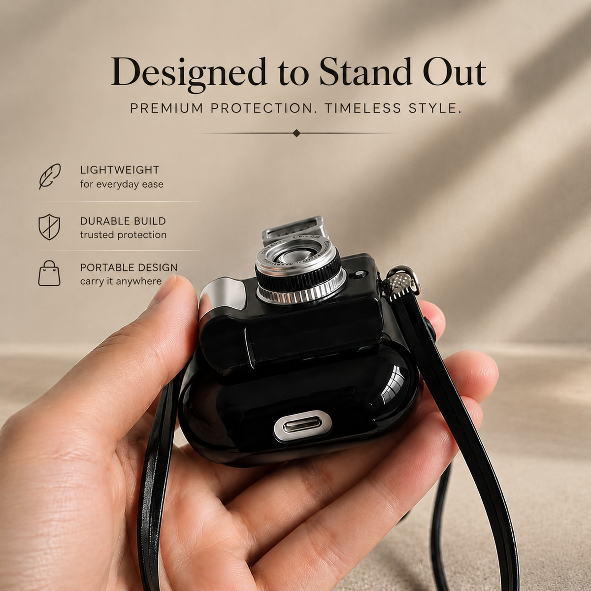 Premium Camera AirPods Case Soft Silicone Protective Cover Cute Wireless Charging Carry Strap Shockproof Earbuds Case Compatible with AirPods