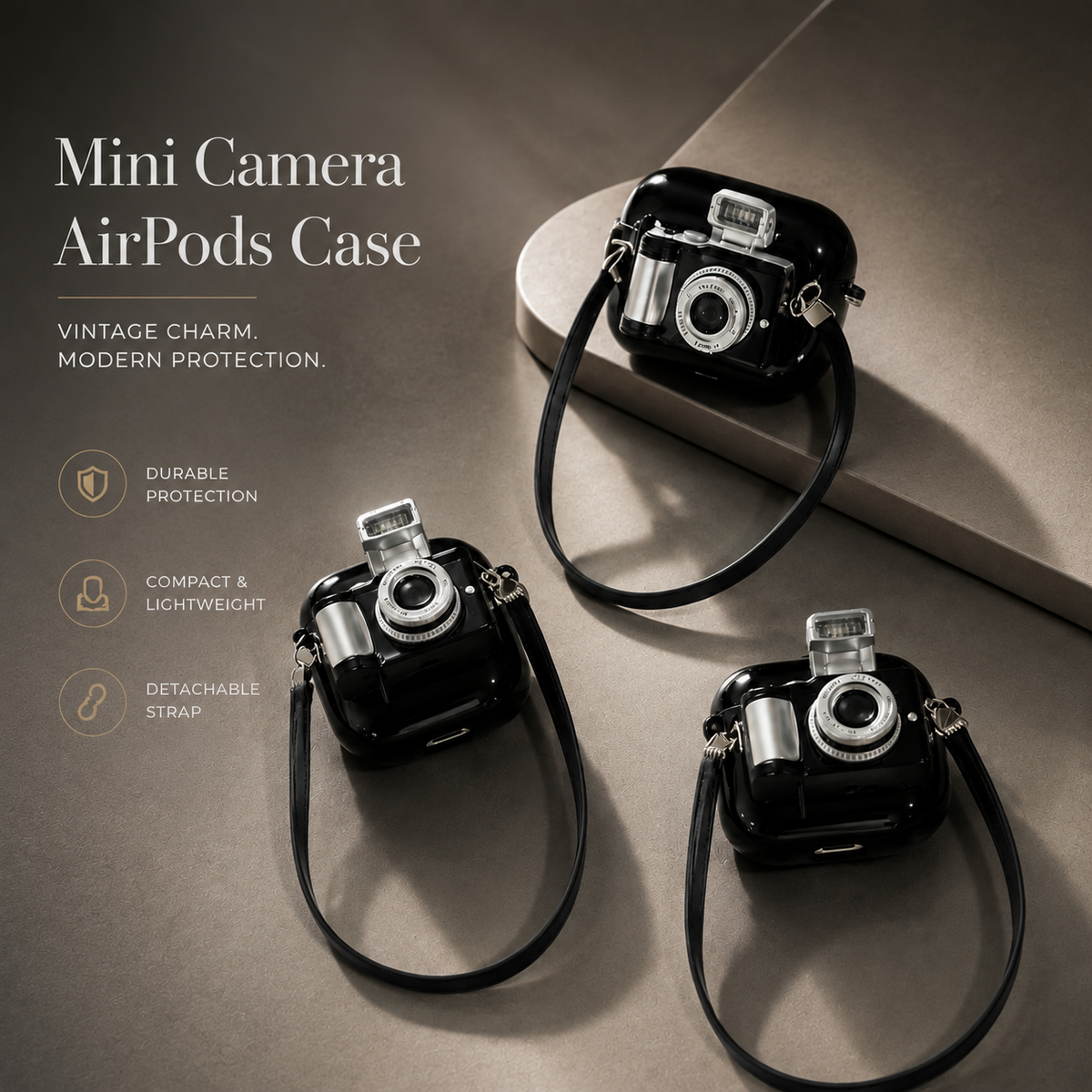 Premium Camera AirPods Case Soft Silicone Protective Cover Cute Wireless Charging Carry Strap Shockproof Earbuds Case Compatible with AirPods