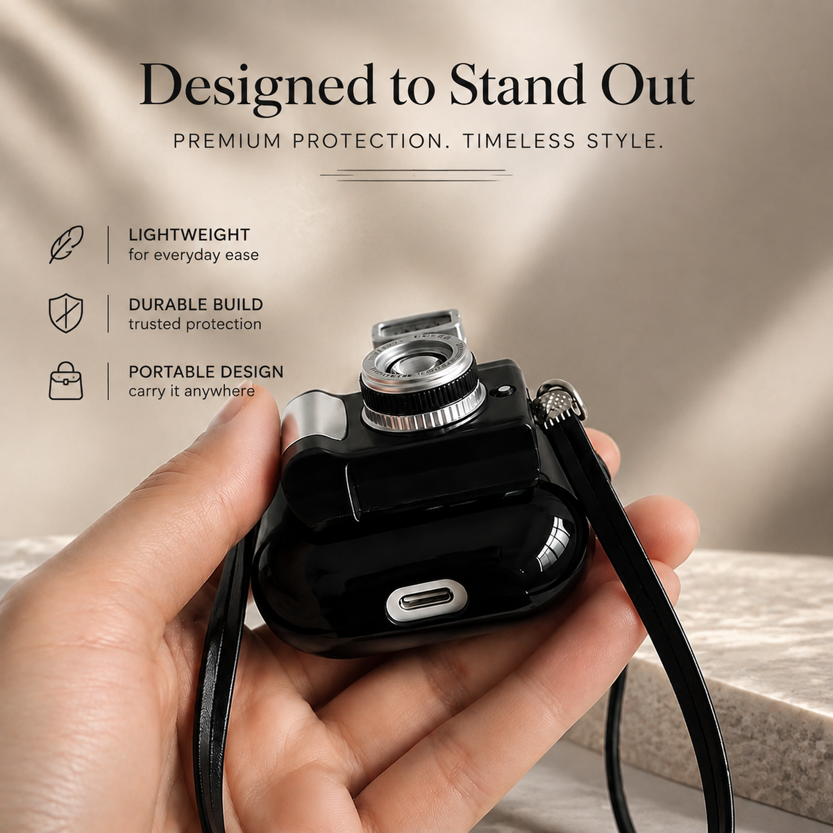 Premium Camera AirPods Case Soft Silicone Protective Cover Cute Wireless Charging Carry Strap Shockproof Earbuds Case Compatible with AirPods