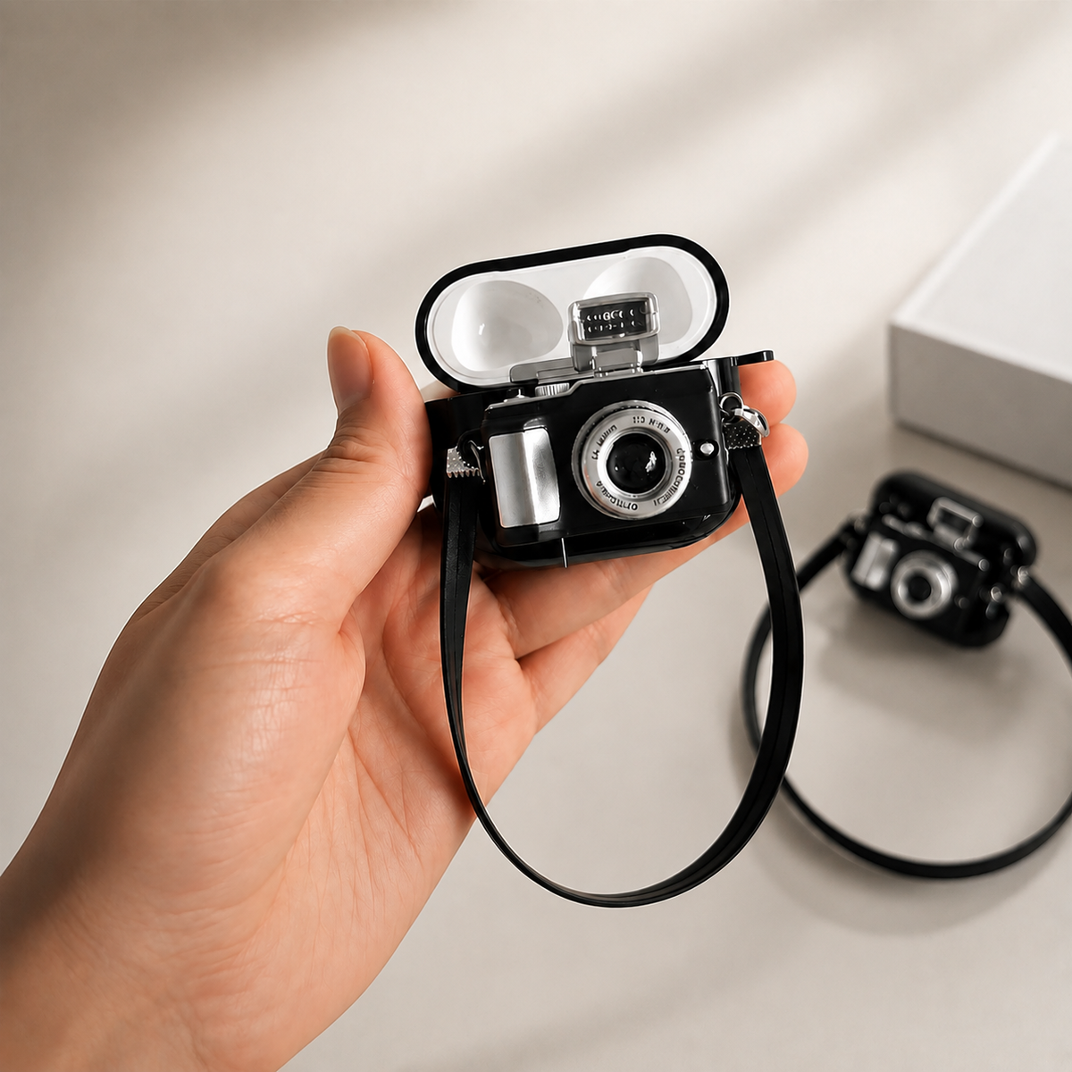 Premium Camera AirPods Case Soft Silicone Protective Cover Cute Wireless Charging Carry Strap Shockproof Earbuds Case Compatible with AirPods