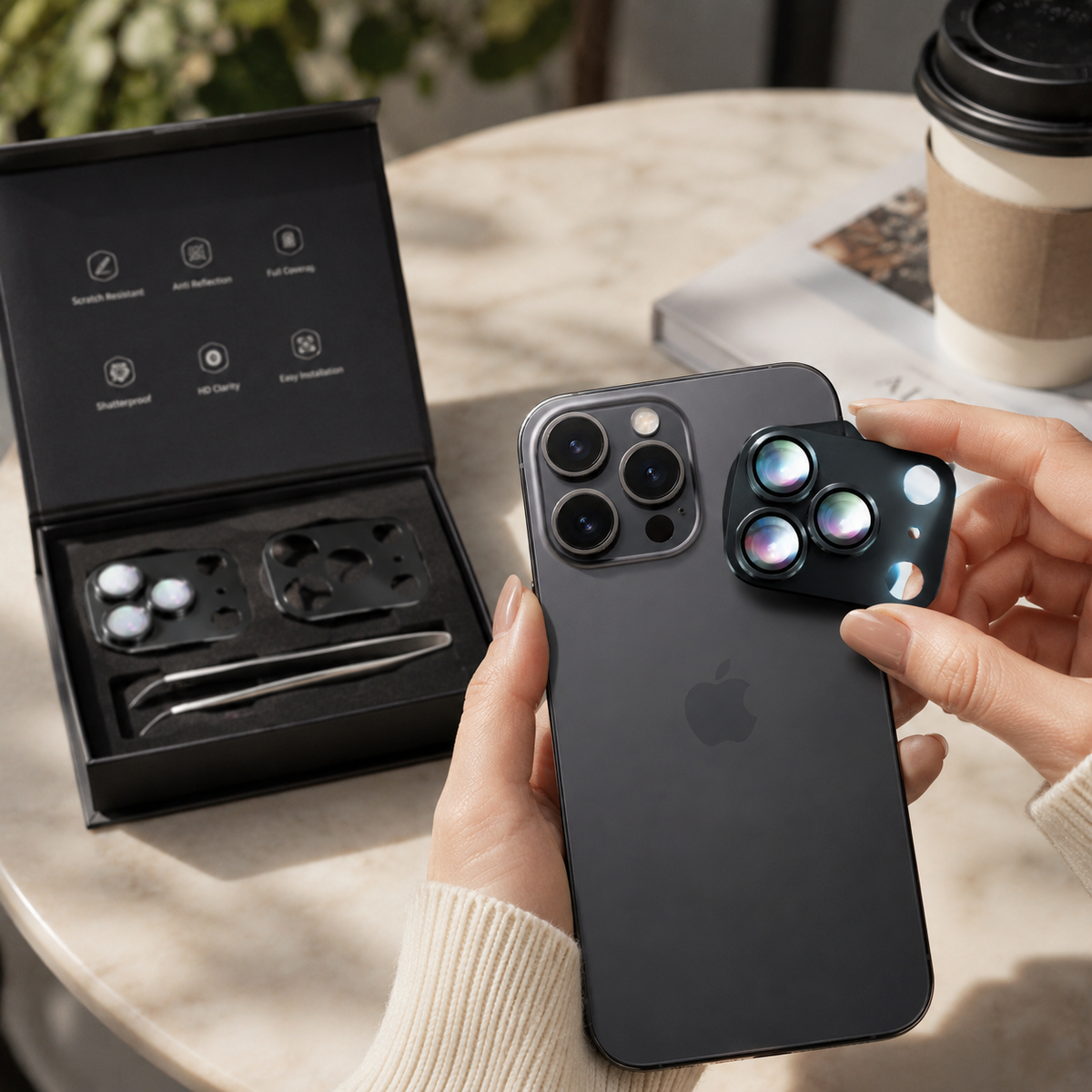 Premium Camera Lens Protector Tempered Glass Aluminum Alloy Metal Ring Full Coverage Scratch Resistant Anti-Reflection Compatible with iPhone