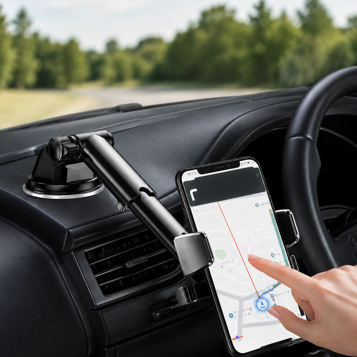 Premium Car Phone Holder Suction Cup Windshield Dashboard Phone Mount 360° Rotating Adjustable Gravity Lock Telescopic Arm Hands Free GPS Stand iPhone