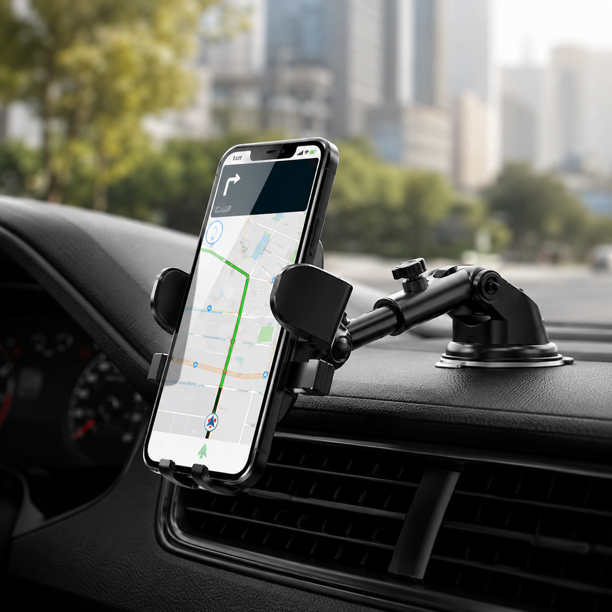 Premium Car Phone Holder Suction Cup Windshield Dashboard Phone Mount 360° Rotating Adjustable Gravity Lock Telescopic Arm Hands Free GPS Stand iPhone