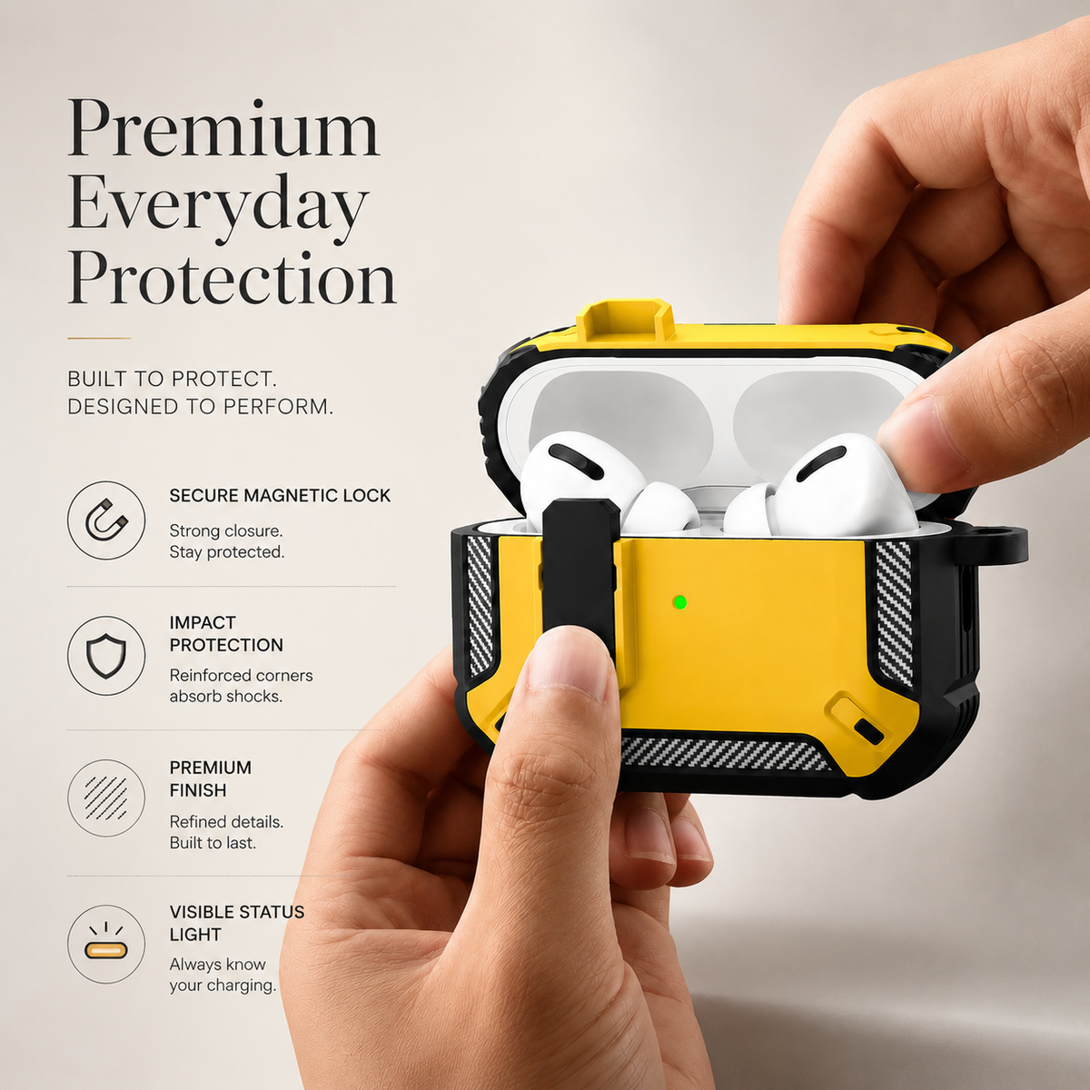 Premium Carbon Fiber AirPods Case Cover Shockproof TPU Protective Case Secure Lock Wireless Charging Anti Scratch Slim Keychain Carabiner AirPods