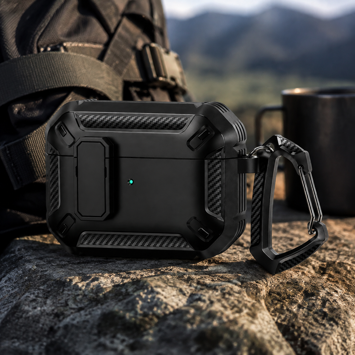 Premium Carbon Fiber AirPods Case Cover Shockproof TPU Protective Case Secure Lock Wireless Charging Anti Scratch Slim Keychain Carabiner AirPods