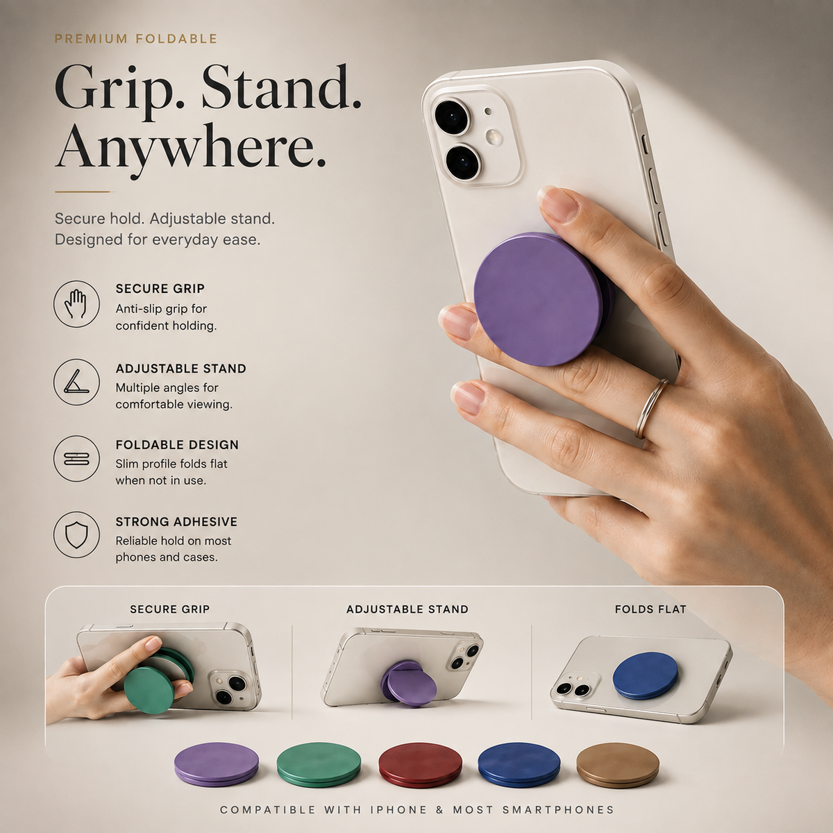 Premium Foldable Finger Ring Phone Holder Expandable Grip Stand Anti Slip Round Socket Mount Adjustable Kickstand Adhesive Smartphone Holder iPhone