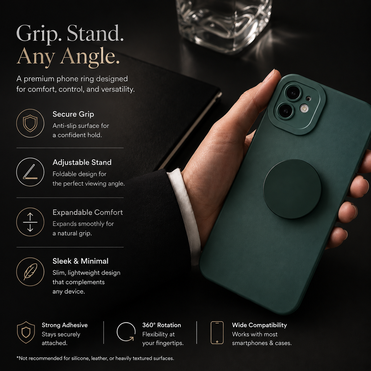 Premium Foldable Finger Ring Phone Holder Expandable Grip Stand Anti Slip Round Socket Mount Adjustable Kickstand Adhesive Smartphone Holder iPhone