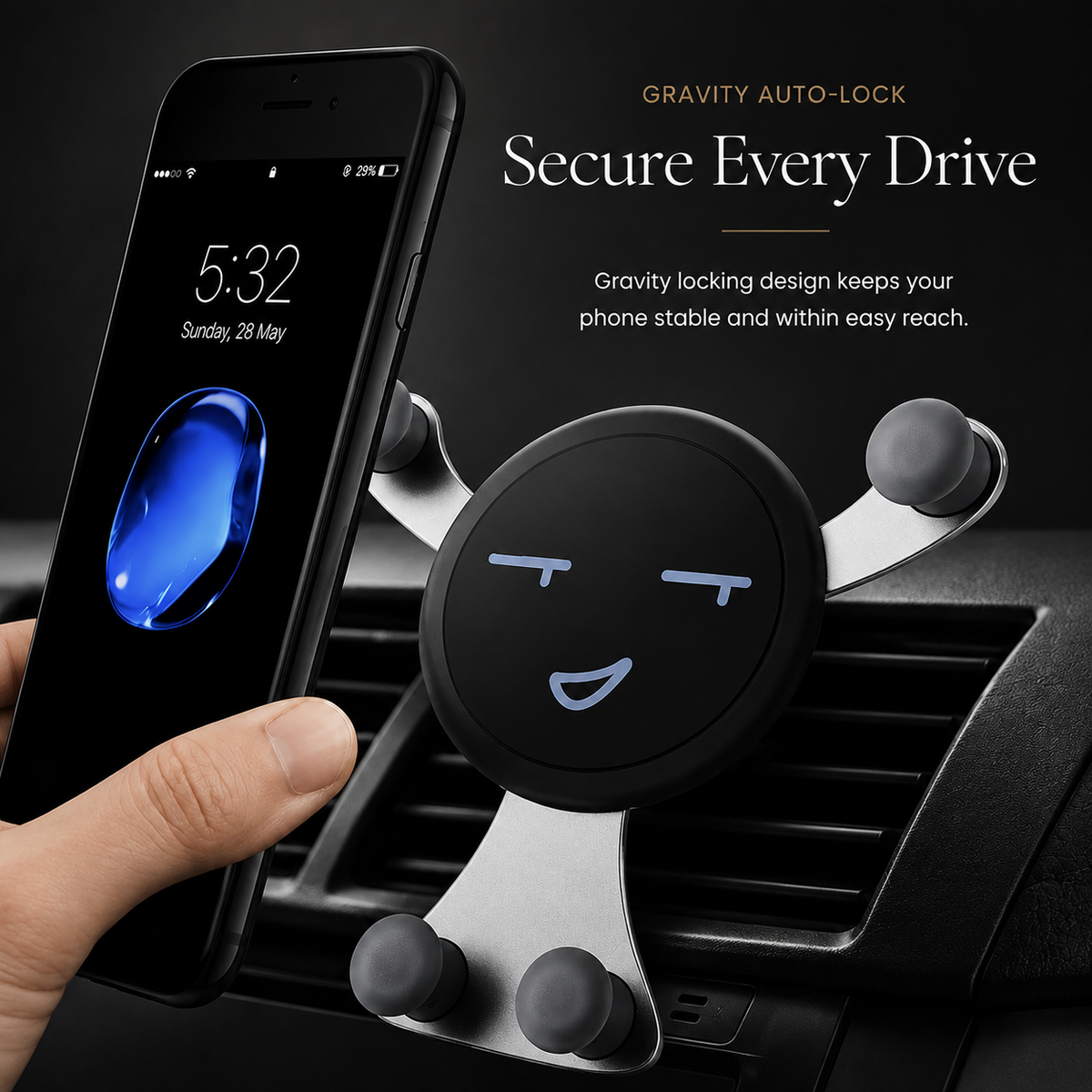 Premium Gravity Car Phone Holder Air Vent Auto Lock Smartphone Mount Hands Free GPS Stand Anti Slip Adjustable Compact Car Mount iPhone Compatible Easy