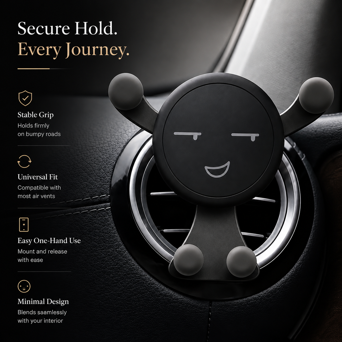 Premium Gravity Car Phone Holder Air Vent Auto Lock Smartphone Mount Hands Free GPS Stand Anti Slip Adjustable Compact Car Mount iPhone Compatible Easy