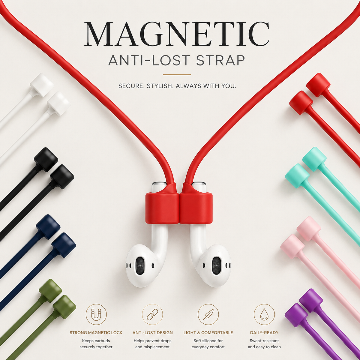 Premium Magnetic Anti-Lost AirPods Strap Silicone Neckband Wireless Earbuds Holder Secure Magnetic Lanyard Lightweight Flexible Cord