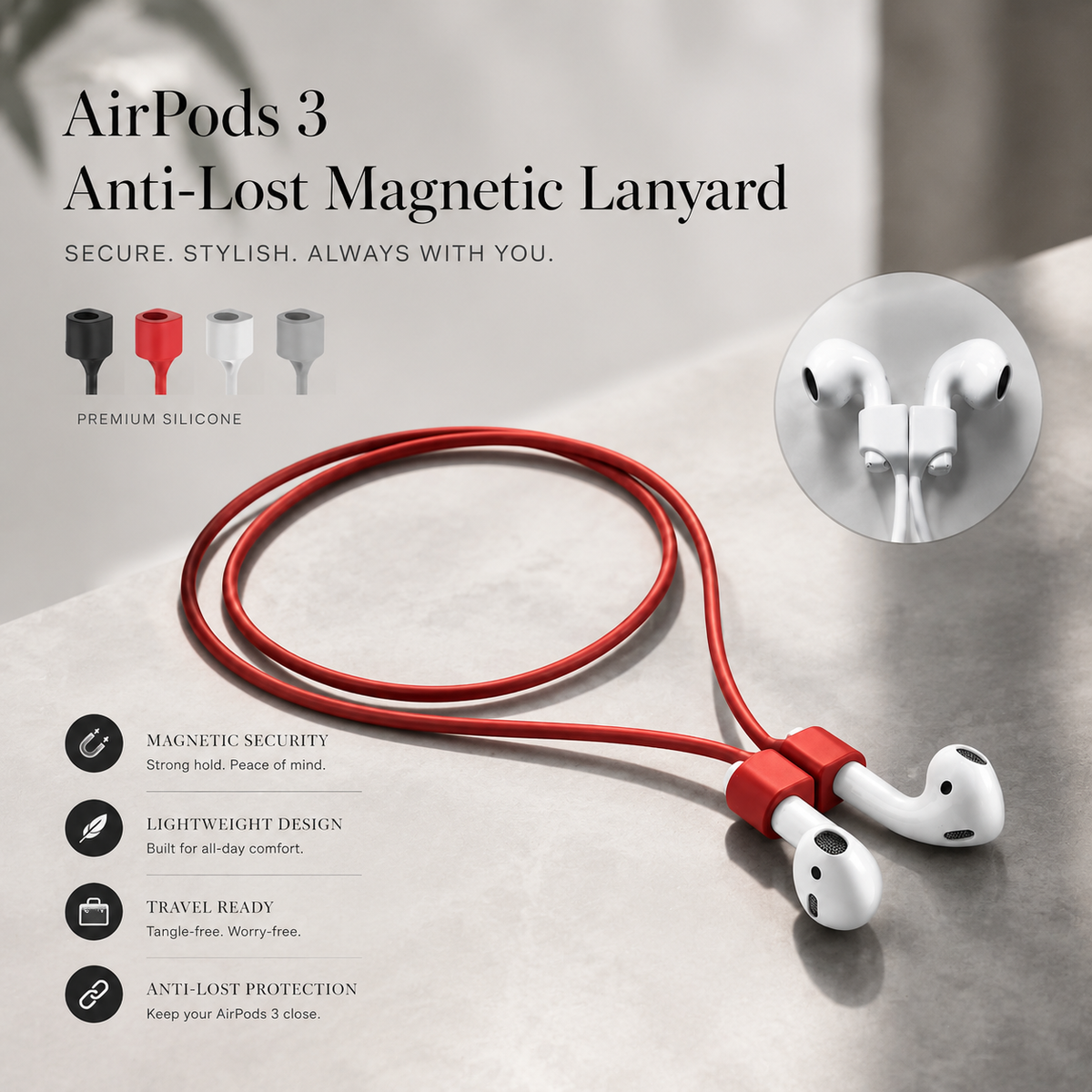 Premium Magnetic Anti-Lost AirPods Strap Silicone Neckband Wireless Earbuds Holder Secure Magnetic Lanyard Lightweight Flexible Cord