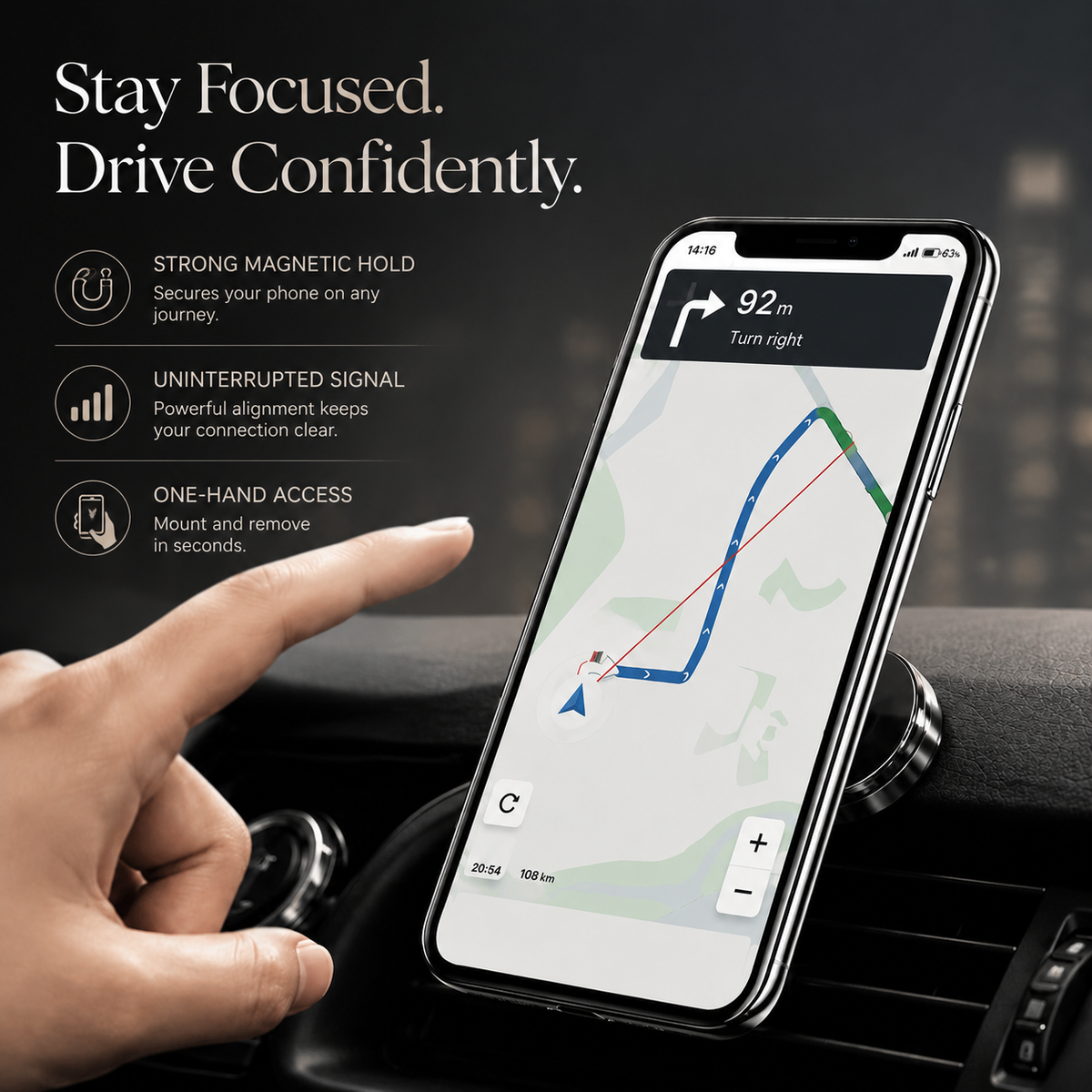 Premium Magnetic Car Phone Holder Strong Magnet Dashboard Air Vent Mount 360° Rotating GPS Navigation Hands-Free Phone Stand Compact Adjustable