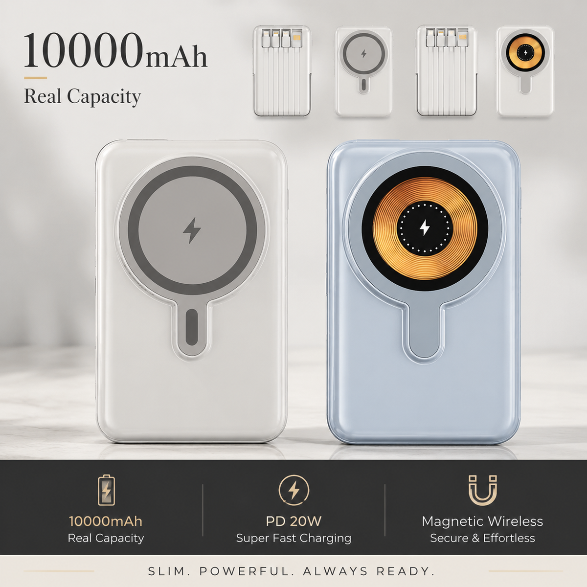 Premium Magnetic Wireless Power Bank 10,000mAh 22.5W Fast Charging Portable Battery Built-In Cable Wireless Charger Stand PD Compatible with iPhone