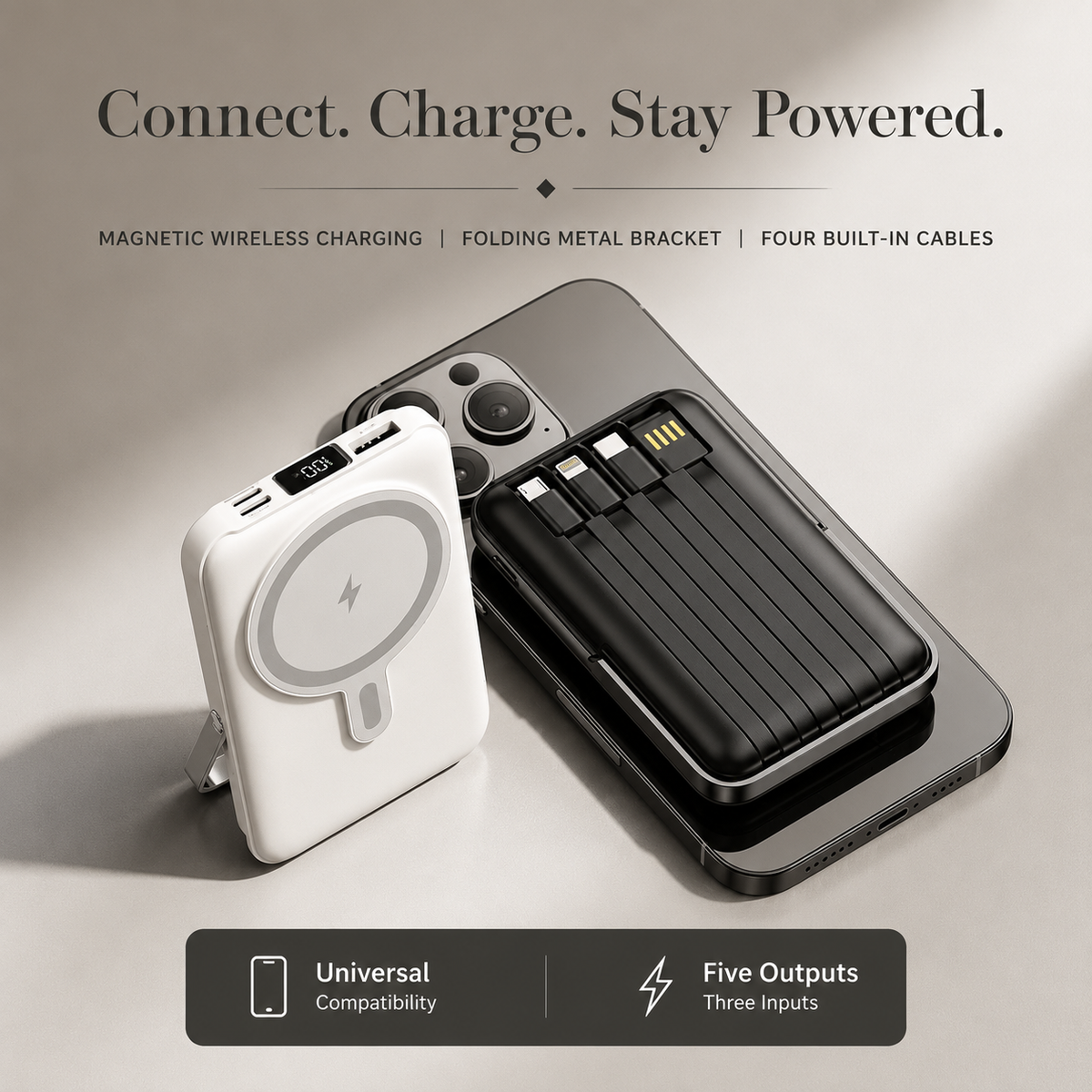 Premium Magnetic Wireless Power Bank 10,000mAh 22.5W Fast Charging Portable Battery Built-In Cable Wireless Charger Stand PD Compatible with iPhone