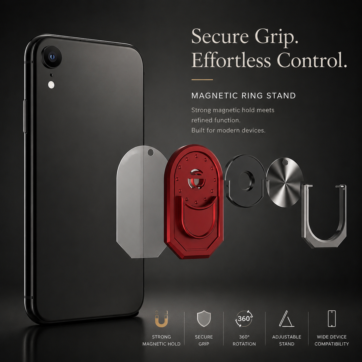 Premium Metal Finger Ring Phone Holder 180° Rotating Phone Grip Stand Foldable Kickstand Adhesive Smartphone Holder Zinc Alloy Slim iPhone