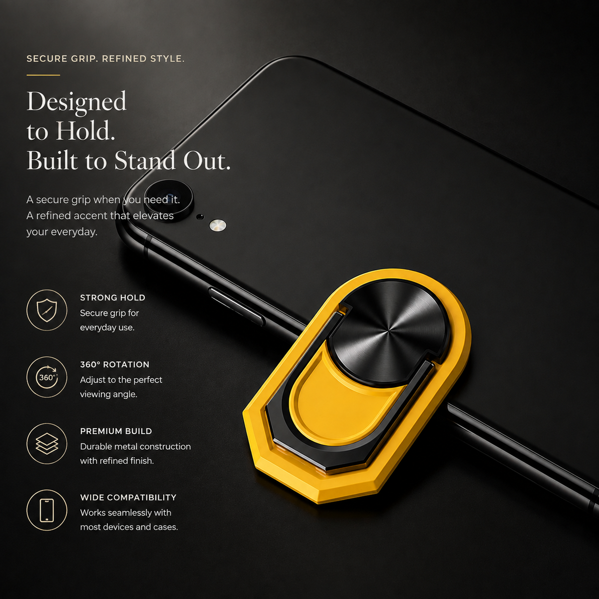 Premium Metal Finger Ring Phone Holder 180° Rotating Phone Grip Stand Foldable Kickstand Adhesive Smartphone Holder Zinc Alloy Slim iPhone