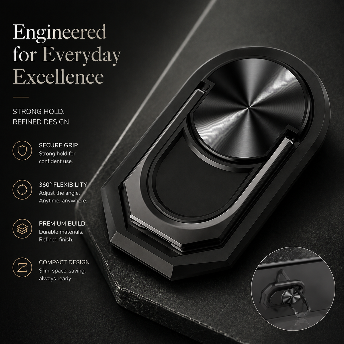 Premium Metal Finger Ring Phone Holder 180° Rotating Phone Grip Stand Foldable Kickstand Adhesive Smartphone Holder Zinc Alloy Slim iPhone