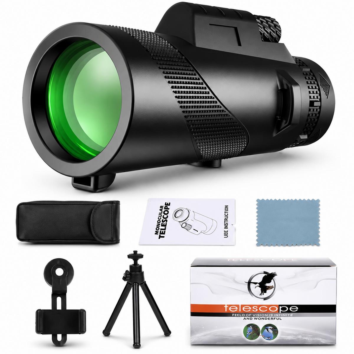 Premium Portable Zoom HD Monocular Telescope Long Range High Power Scope FMC BAK4 Optics Phone Adapter Tripod Water Resistant Outdoor Travel iPhone