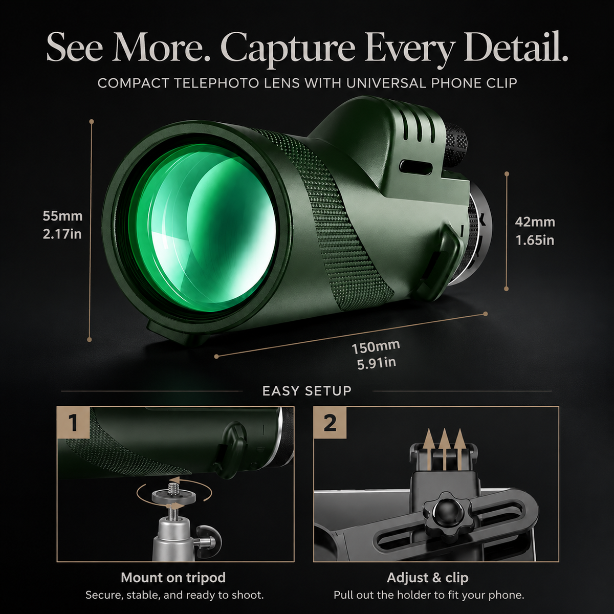 Premium Portable Zoom HD Monocular Telescope Long Range High Power Scope FMC BAK4 Optics Phone Adapter Tripod Water Resistant Outdoor Travel iPhone