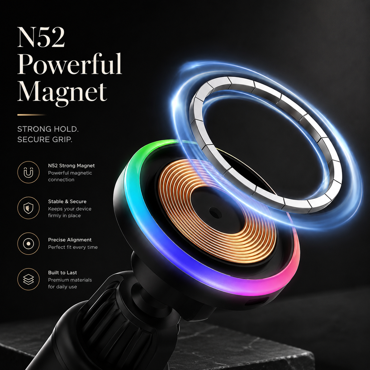 Premium RGB Magnetic Wireless Car Phone Holder 15W Qi Fast Charging Car Mount 360° Rotating Dashboard Air Vent Mount Phone Stand iPhone