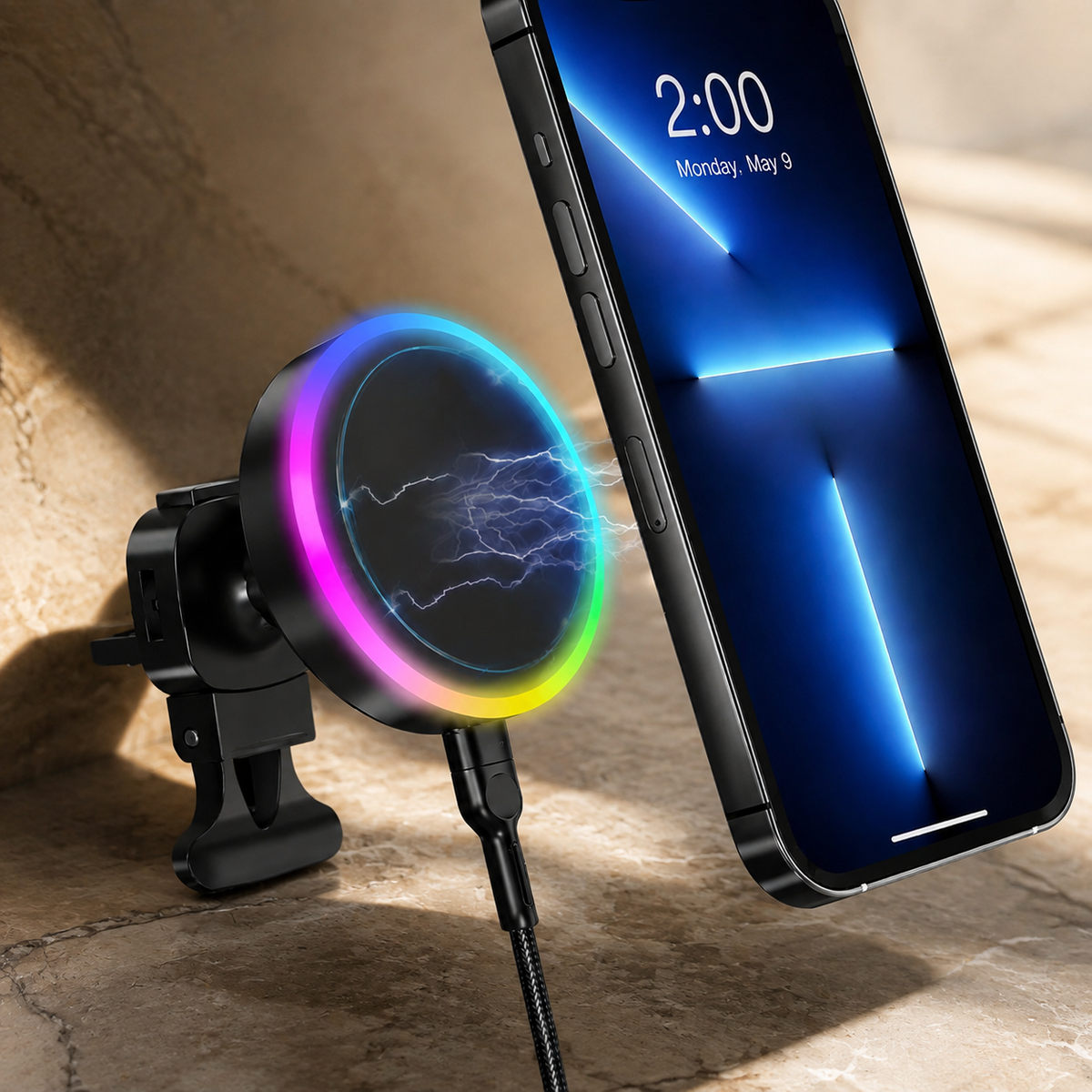 Premium RGB Magnetic Wireless Car Phone Holder 15W Qi Fast Charging Car Mount 360° Rotating Dashboard Air Vent Mount Phone Stand iPhone