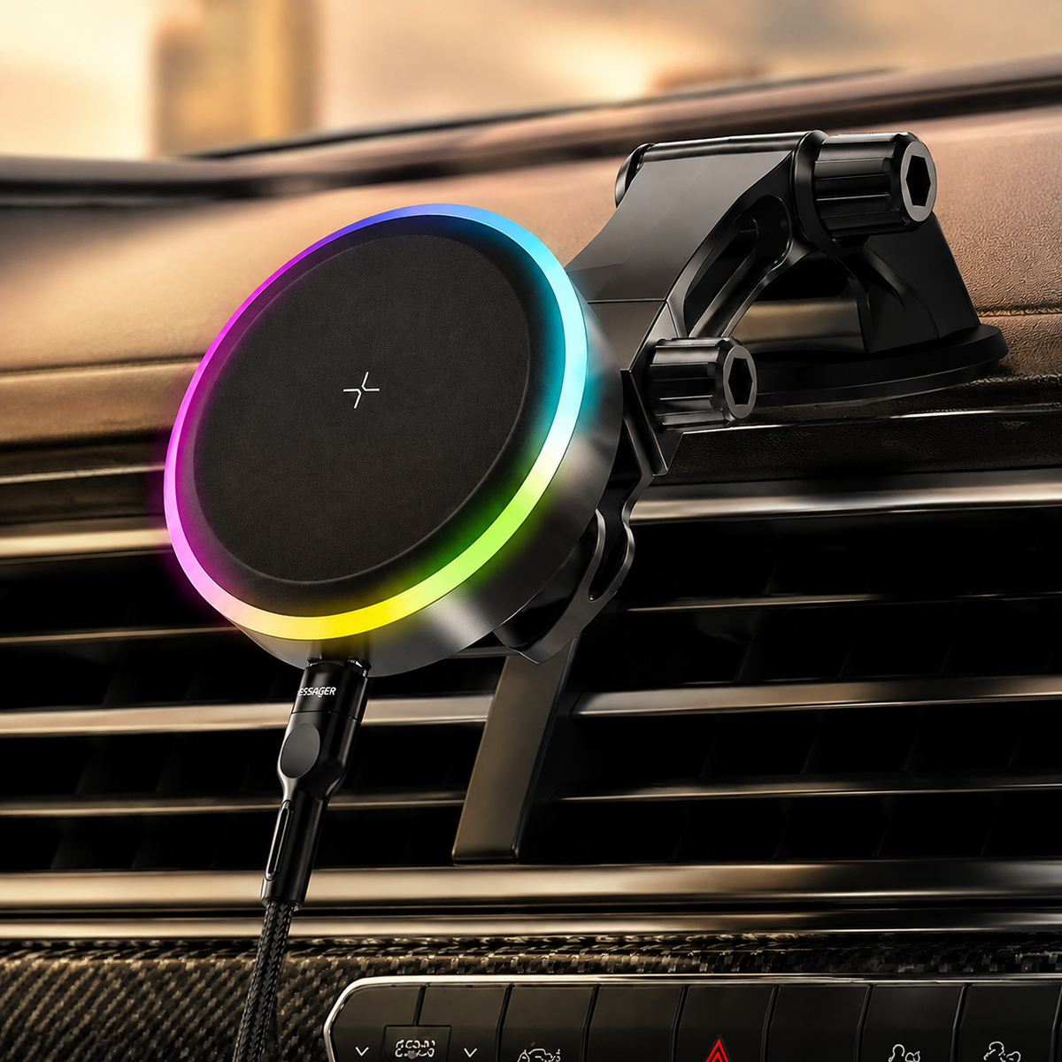 Premium RGB Magnetic Wireless Car Phone Holder 15W Qi Fast Charging Car Mount 360° Rotating Dashboard Air Vent Mount Phone Stand iPhone
