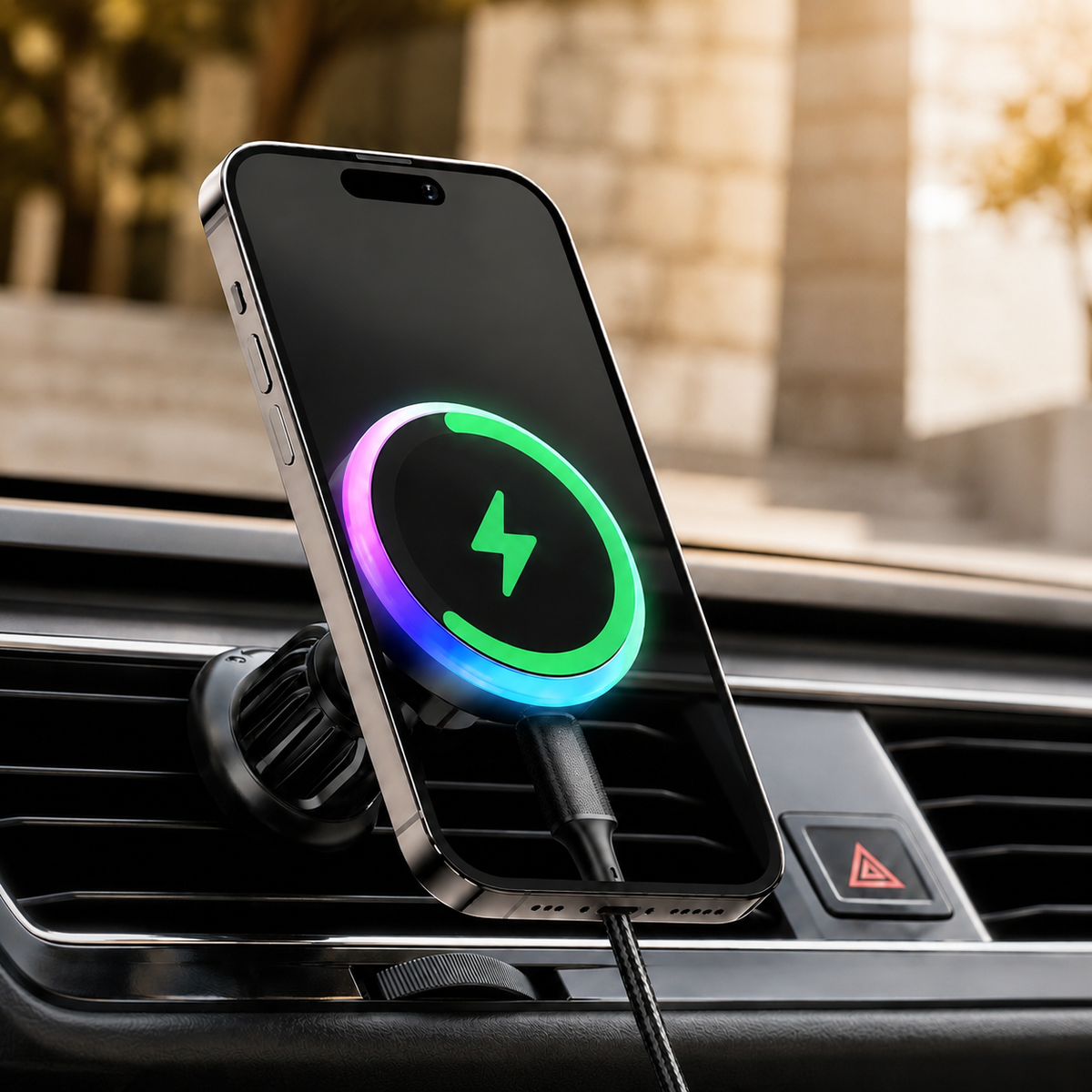 Premium RGB Magnetic Wireless Car Phone Holder 15W Qi Fast Charging Car Mount 360° Rotating Dashboard Air Vent Mount Phone Stand iPhone