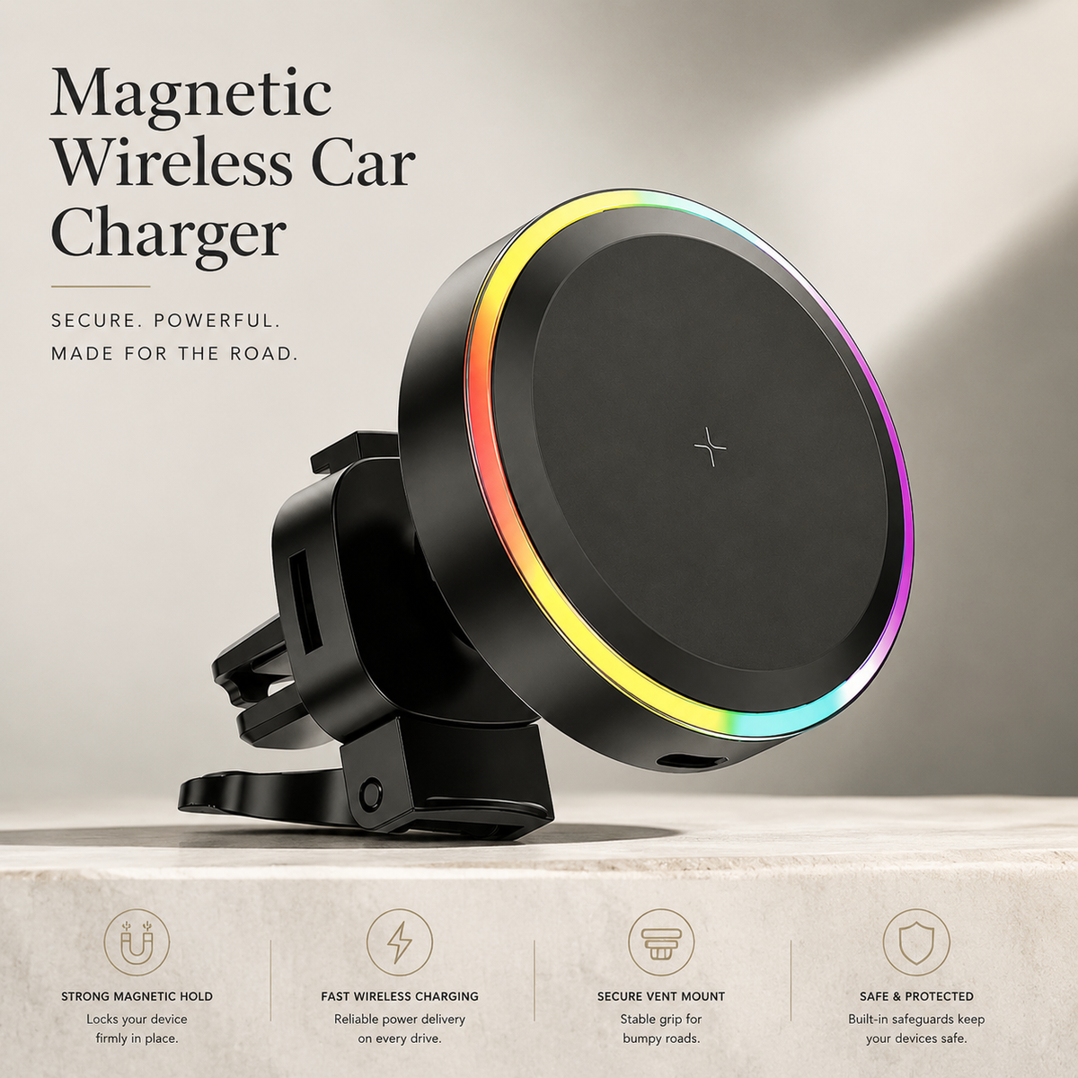 Premium RGB Magnetic Wireless Car Phone Holder 15W Qi Fast Charging Car Mount 360° Rotating Dashboard Air Vent Mount Phone Stand iPhone