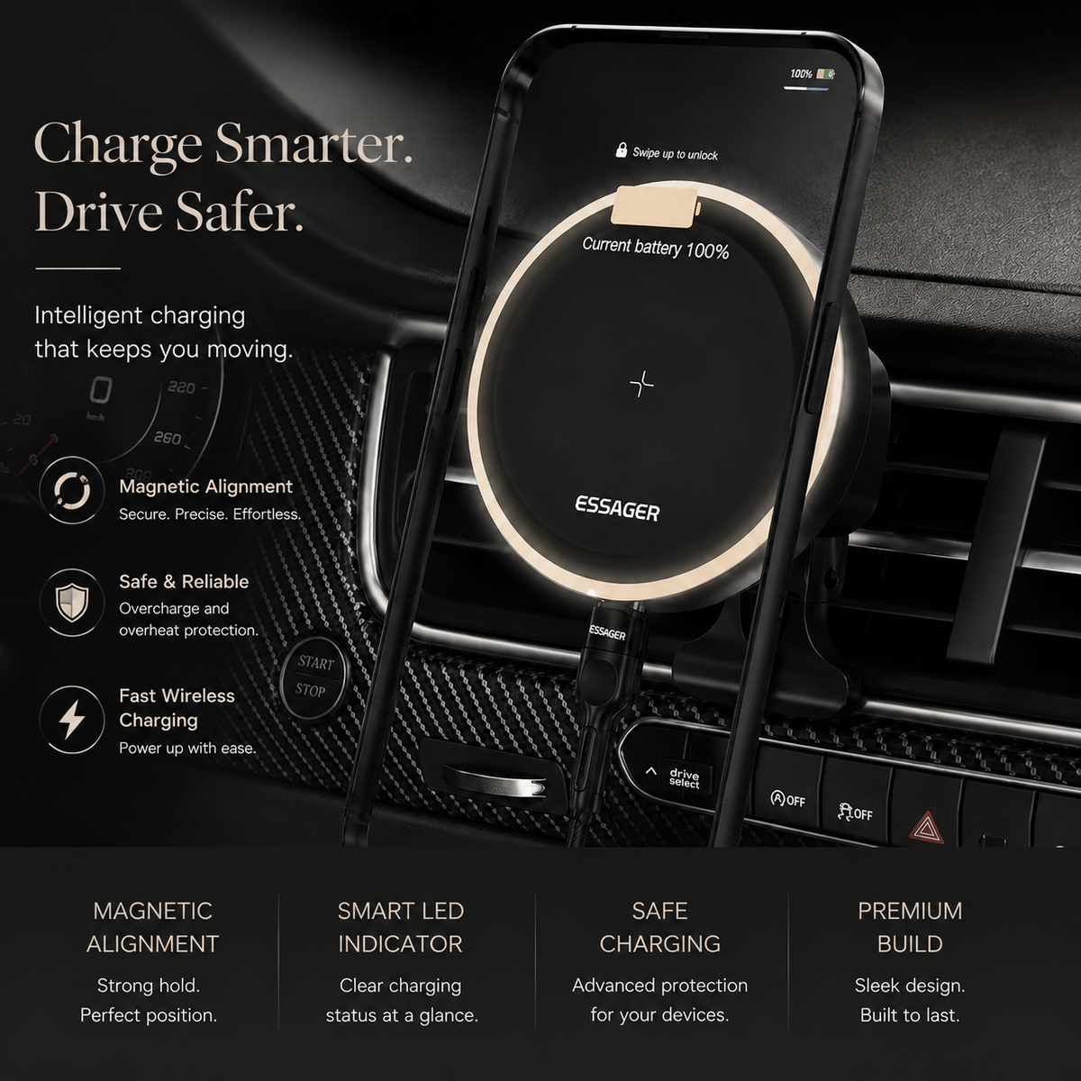 Premium RGB Magnetic Wireless Car Phone Holder 15W Qi Fast Charging Car Mount 360° Rotating Dashboard Air Vent Mount Phone Stand iPhone