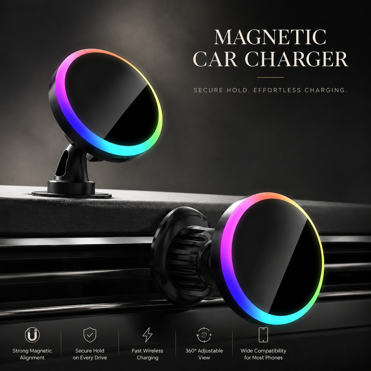 Premium RGB Magnetic Wireless Car Phone Holder 15W Qi Fast Charging Car Mount 360° Rotating Dashboard Air Vent Mount Phone Stand iPhone