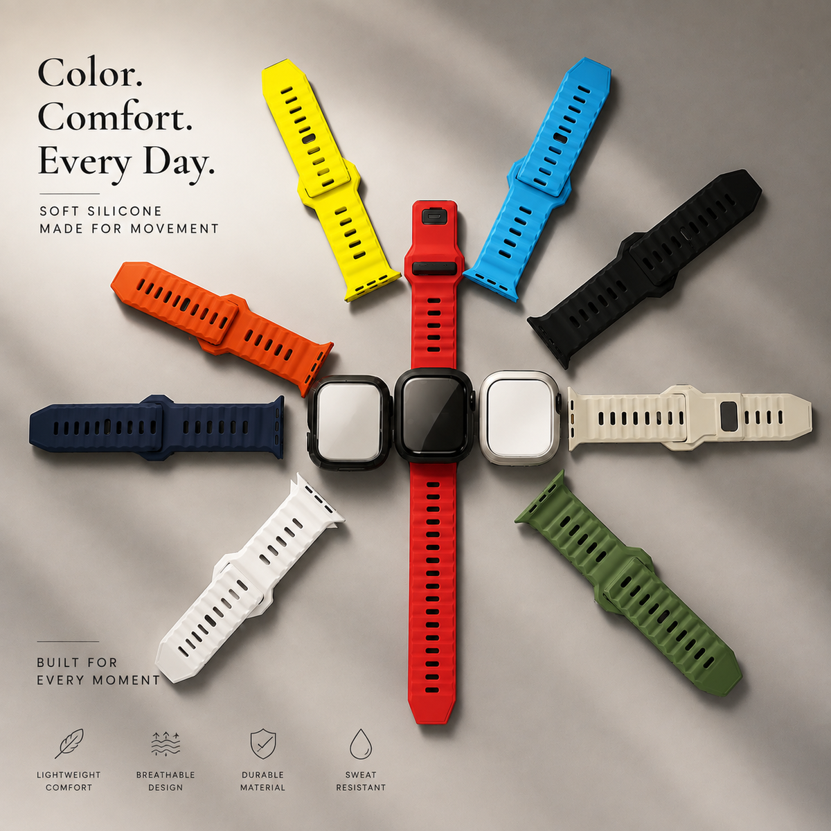 Premium Silicone Sport Watch Band Soft Waterproof Adjustable Replacement Strap Breathable Lightweight Smartwatch Wristband Quick Release Secure Fit