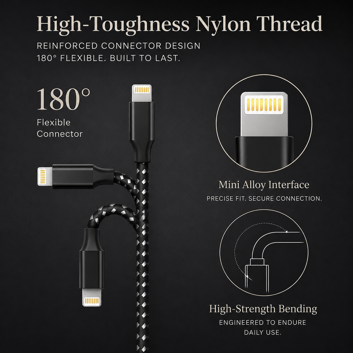 Premium USB-A to Lightning Charging Cable 12W Fast Charging 2.4A MFi Certified Nylon Braided Data Sync Cable Compatible with iPhone