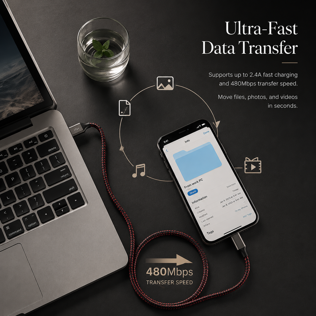 Premium USB-A to Lightning Charging Cable 12W Fast Charging 2.4A MFi Certified Nylon Braided Data Sync Cable Compatible with iPhone