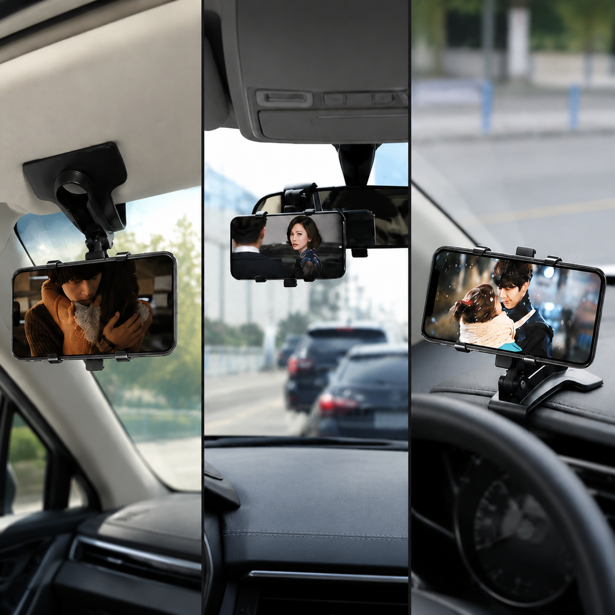 Premium Universal Car Phone Holder Mount 3-in-1 Dashboard Rearview Mirror Sun Visor Stand 360° Rotation Anti Slip Adjustable Hands Free iPhone