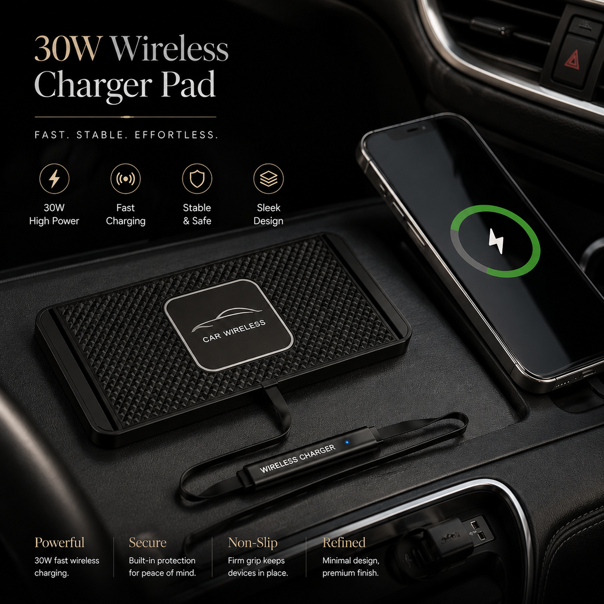 Premium Wireless Car Charger 15W Fast Wireless Charging Dashboard Phone Charging Pad Anti-Slip Silicone Cradle Dock Compatible with iPhone