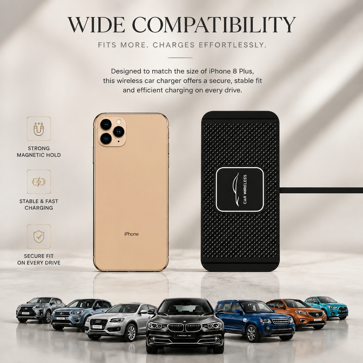 Premium Wireless Car Charger 15W Fast Wireless Charging Dashboard Phone Charging Pad Anti-Slip Silicone Cradle Dock Compatible with iPhone