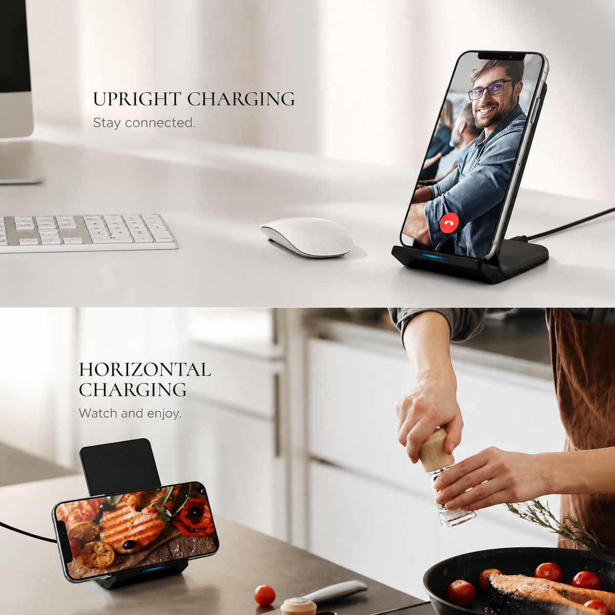 Premium Wireless Charging Stand Qi Wireless Charging Dock Dual Coil USB Type C Fast Charging Anti Slip Charging Vertical, Horizontal iPhone Compatible