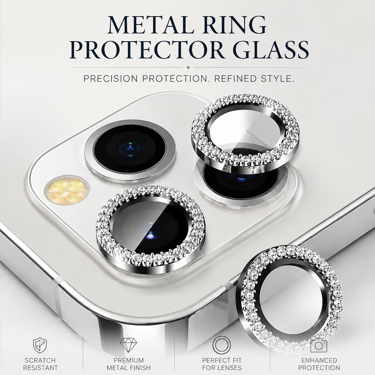 Premium iPhone Camera Lens Protector Tempered Glass Metal Ring Scratch Resistant Shockproof Anti Dust Camera Lens Cover Slim Protective Ring