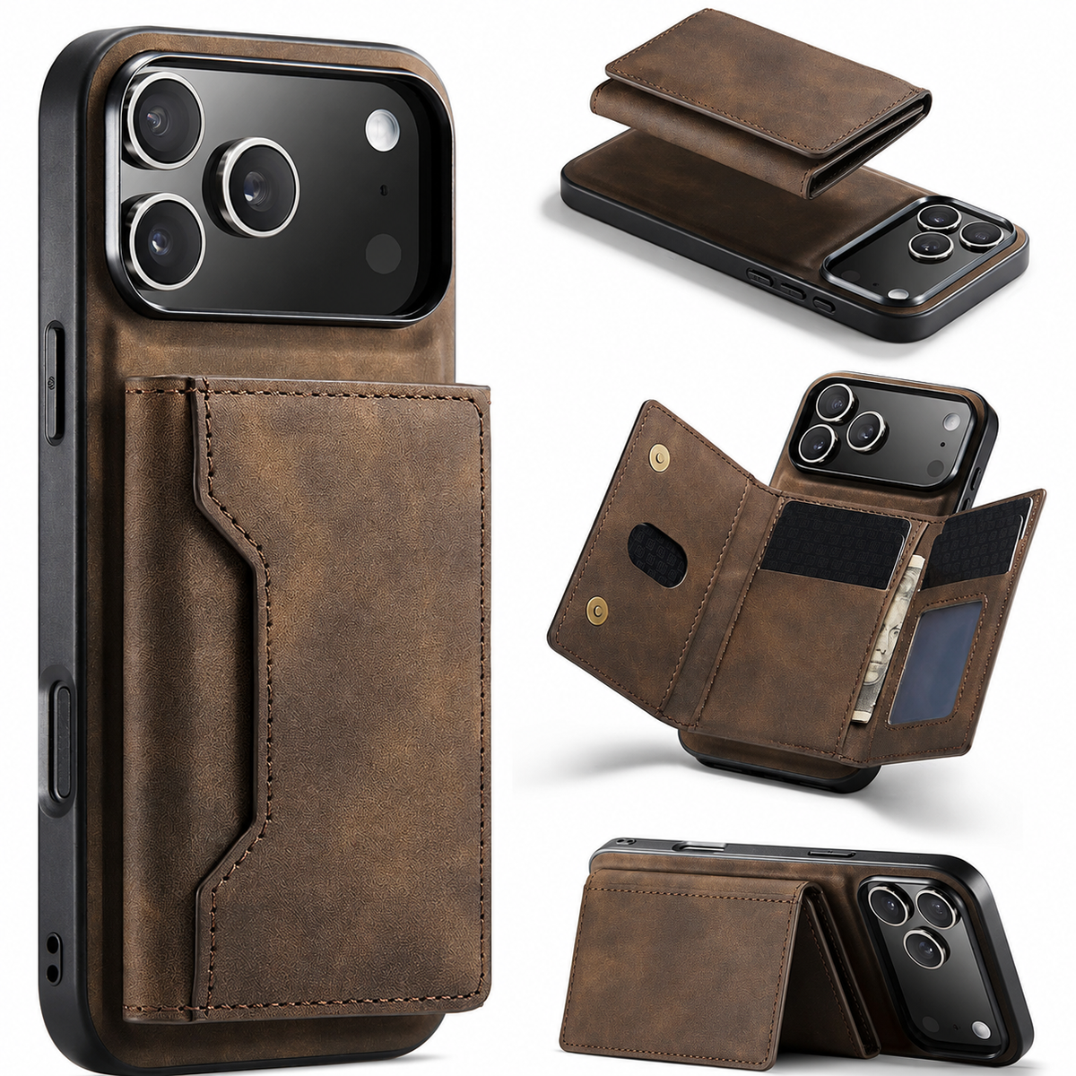 Premium iPhone Case 2 in 1 Detachable Magnetic Leather Wallet Card Holder Kickstand Full Coverage Protective Cover Slim Removable Phone Case Anti Dust