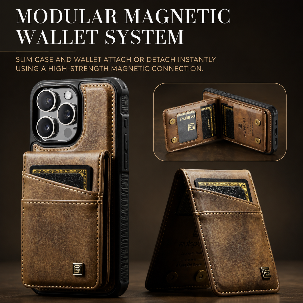 Premium iPhone Case 2-in-1 Detachable Magnetic Wallet Flip Cover PU Leather Card Holder Cash Pocket Wrist Strap Shockproof Full Protection Slim Design