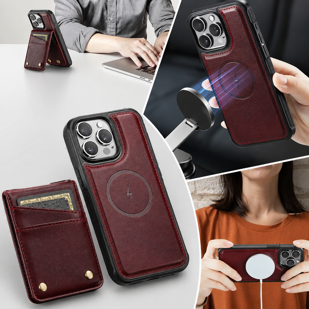 Premium iPhone Case 2-in-1 Detachable Magnetic Wallet Flip Cover PU Leather Card Holder Cash Pocket Wrist Strap Shockproof Full Protection Slim Design