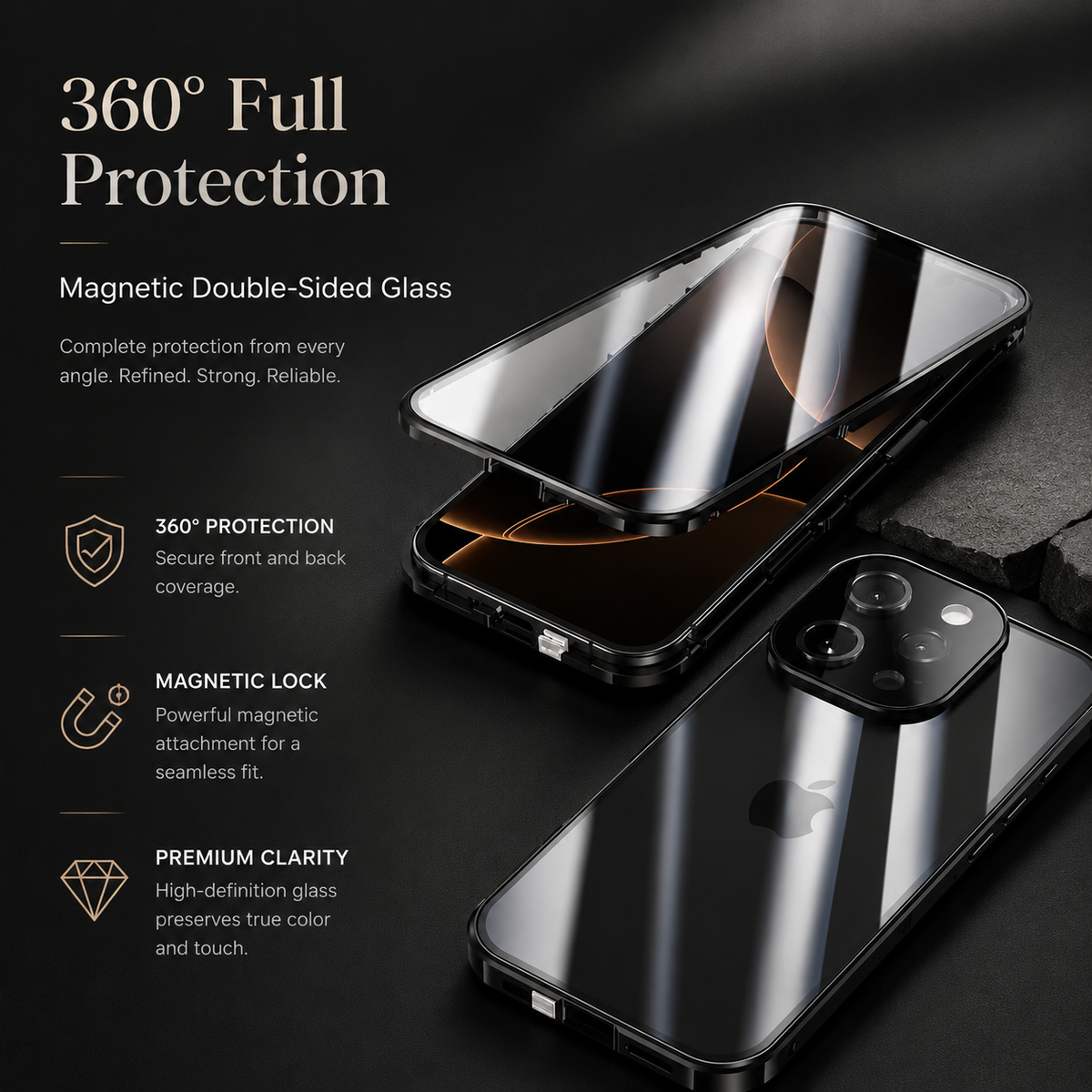 Premium iPhone Case 360 Full Protection MagSafe Magnetic Glass Cover Aluminum Alloy Frame Shockproof Anti Scratch Bumper Full Coverage Slim Protection