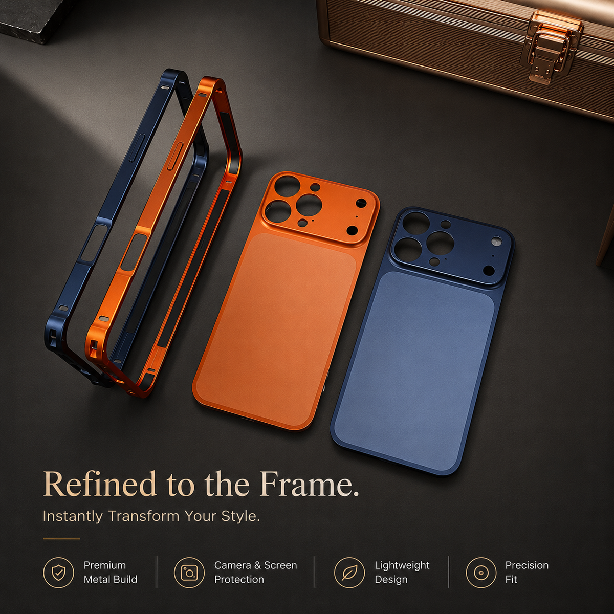 Premium iPhone Case Alloy Frame Large Window Backplane Shockproof Protective Cover Anti Fingerprint Non Slip Dustproof Slim Geometric Metal Style Case