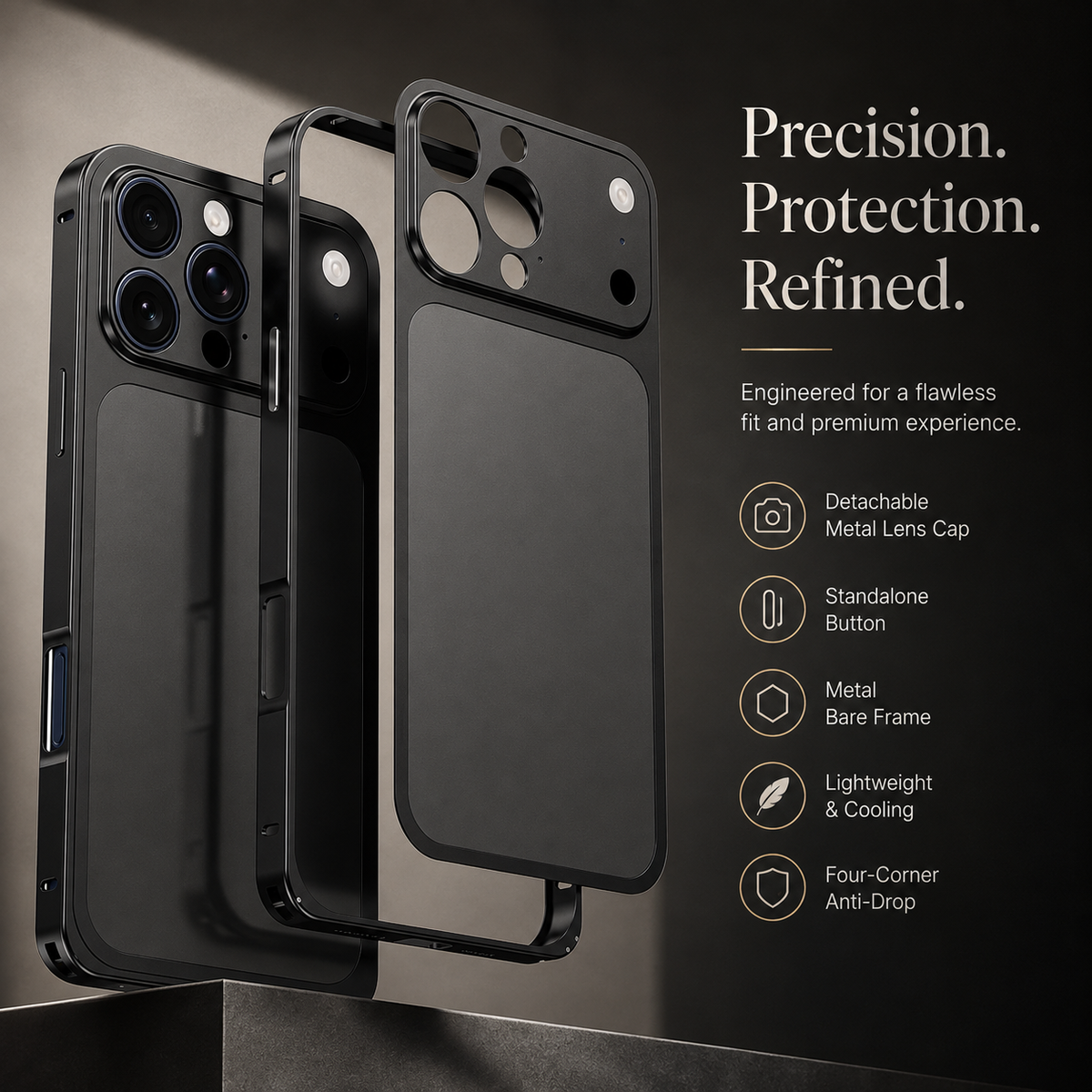 Premium iPhone Case Alloy Frame Large Window Backplane Shockproof Protective Cover Anti Fingerprint Non Slip Dustproof Slim Geometric Metal Style Case