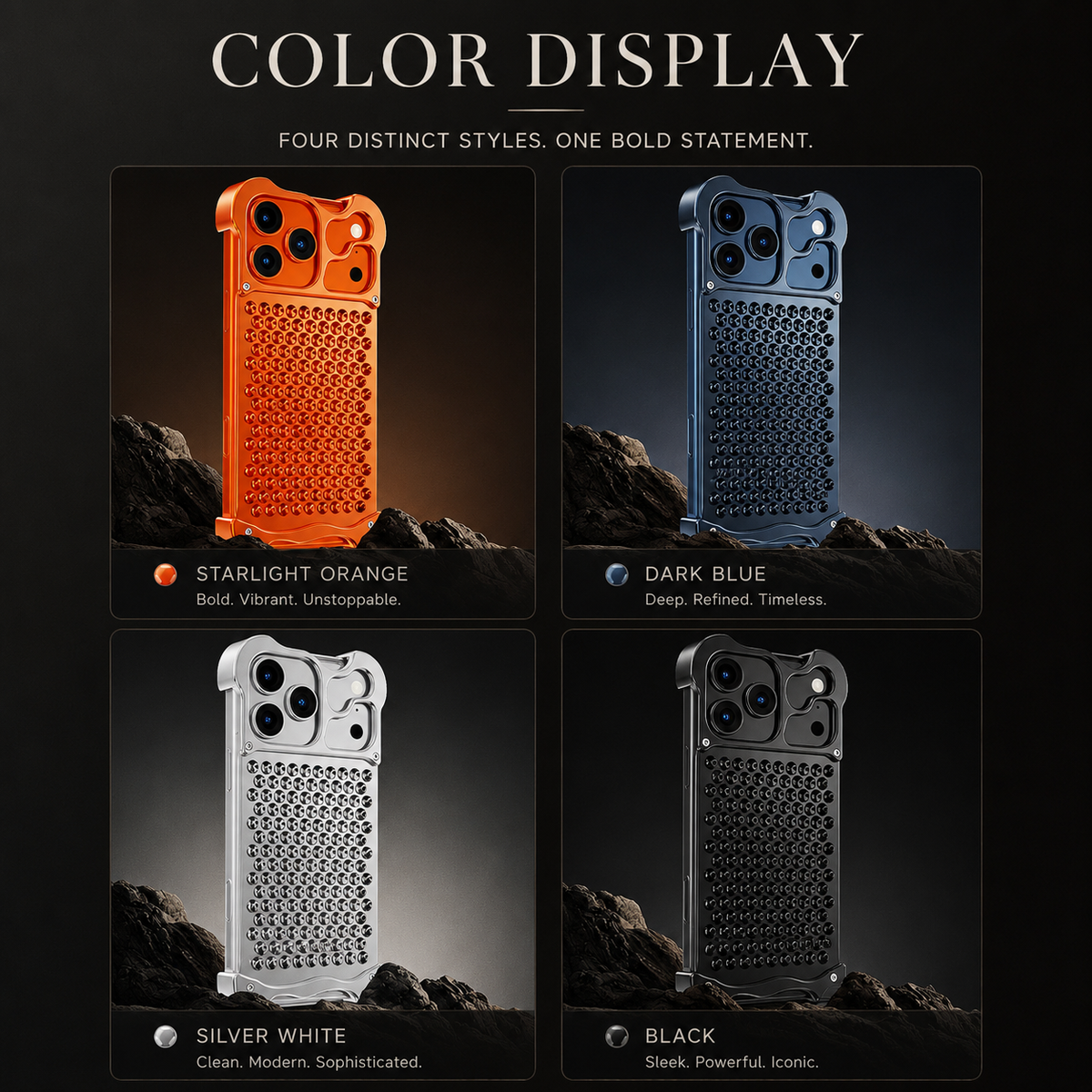 Premium iPhone Case Aluminum Alloy Borderless Frame Honeycomb Heat Dissipation Shockproof Metal Bumper Anti Scratch Non Slip Lightweight Protective Cover